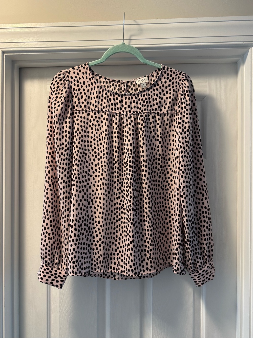 J. Crew Pink Long Sleeve Blouse with Black Spot Print